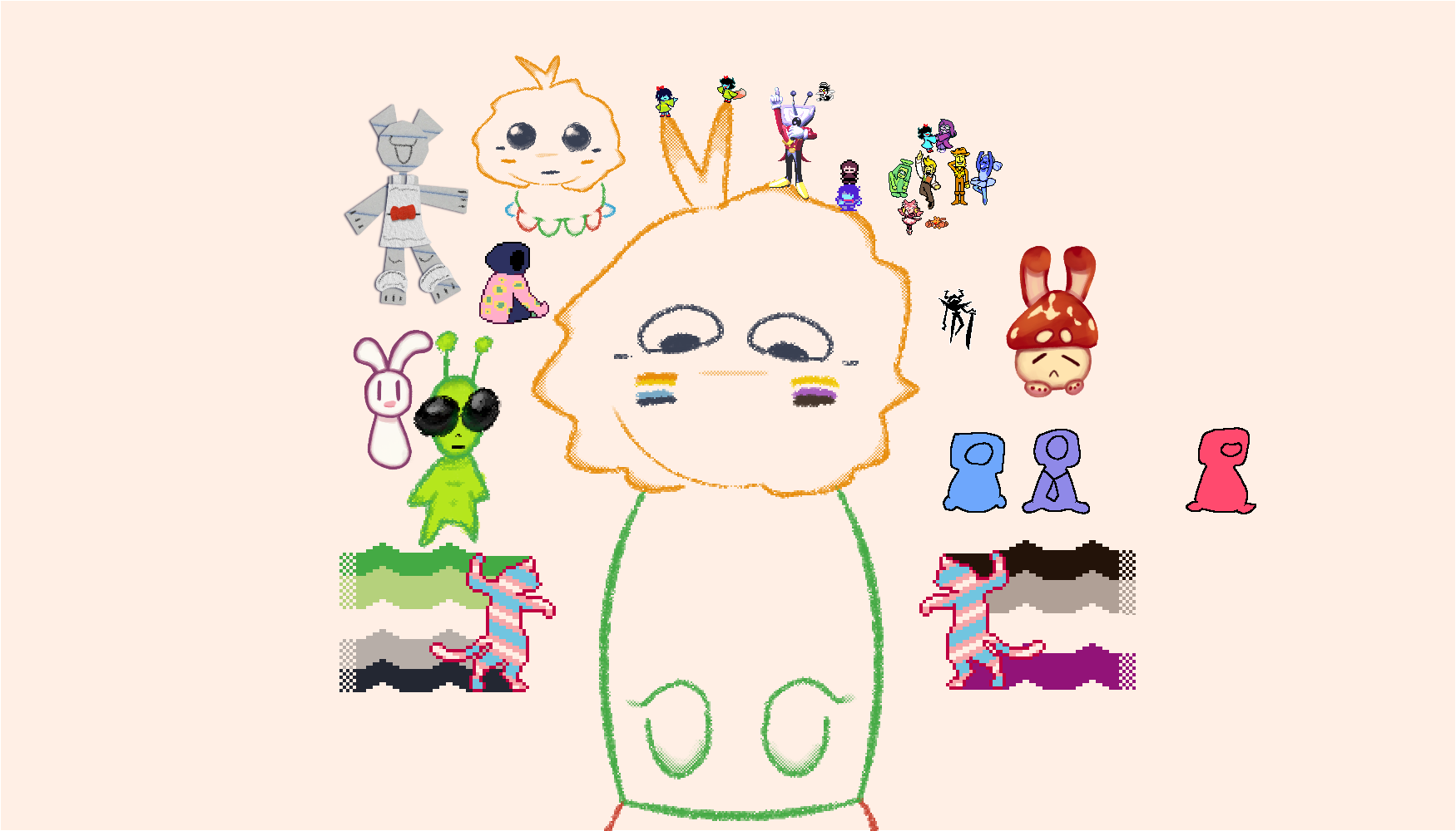 A wide banner showcasing one of my characters. There are many additional characters such as from DELTARUNE and ULTRAKILL, forming a circle around the center character. Two cats with a trail of the aro and ace flags. The center character has a blush made out of the aroace and nonbinary flag. A wide banner showcasing one of my characters. There are many additional characters such as from DELTARUNE and ULTRAKILL, forming a circle around the center character. Two cats with a trail of the aro and ace flags. The center character has a blush made out of the aroace and nonbinary flag.